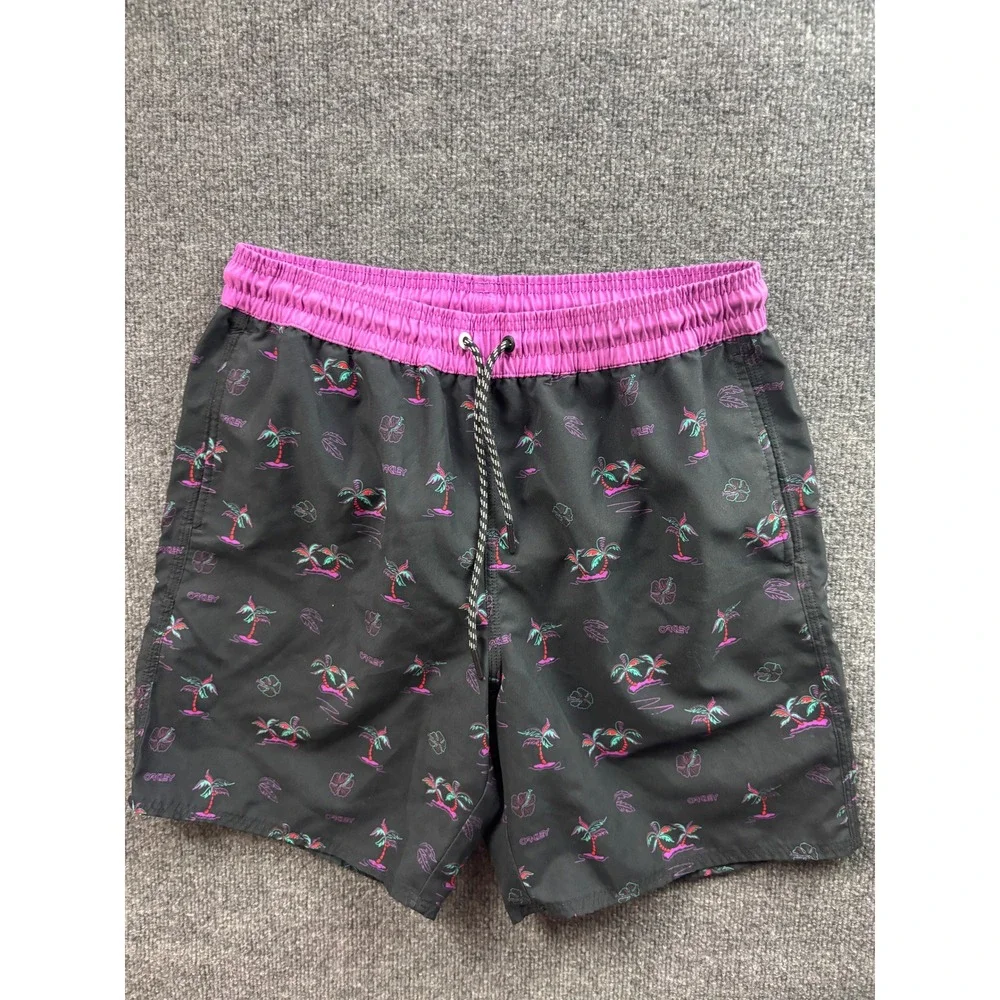 Oakley Swim Trunks Mens Small Black Pink Palm Tree Tropical Board Shorts